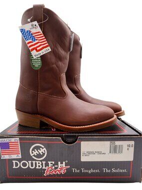 Vintage Double-H Boots Mens 10 E Brown Leather 11" Ranch Wellington USA NWB 2555